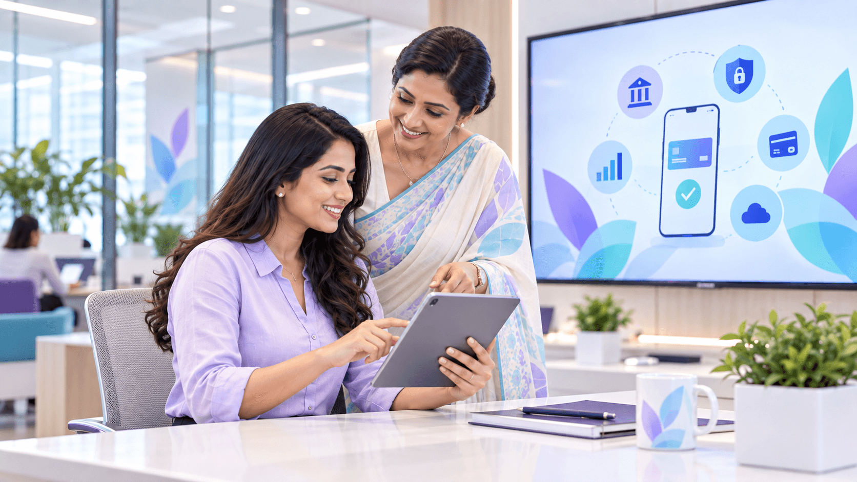 Two South Asian women learning digital professional skills together in a modern training space