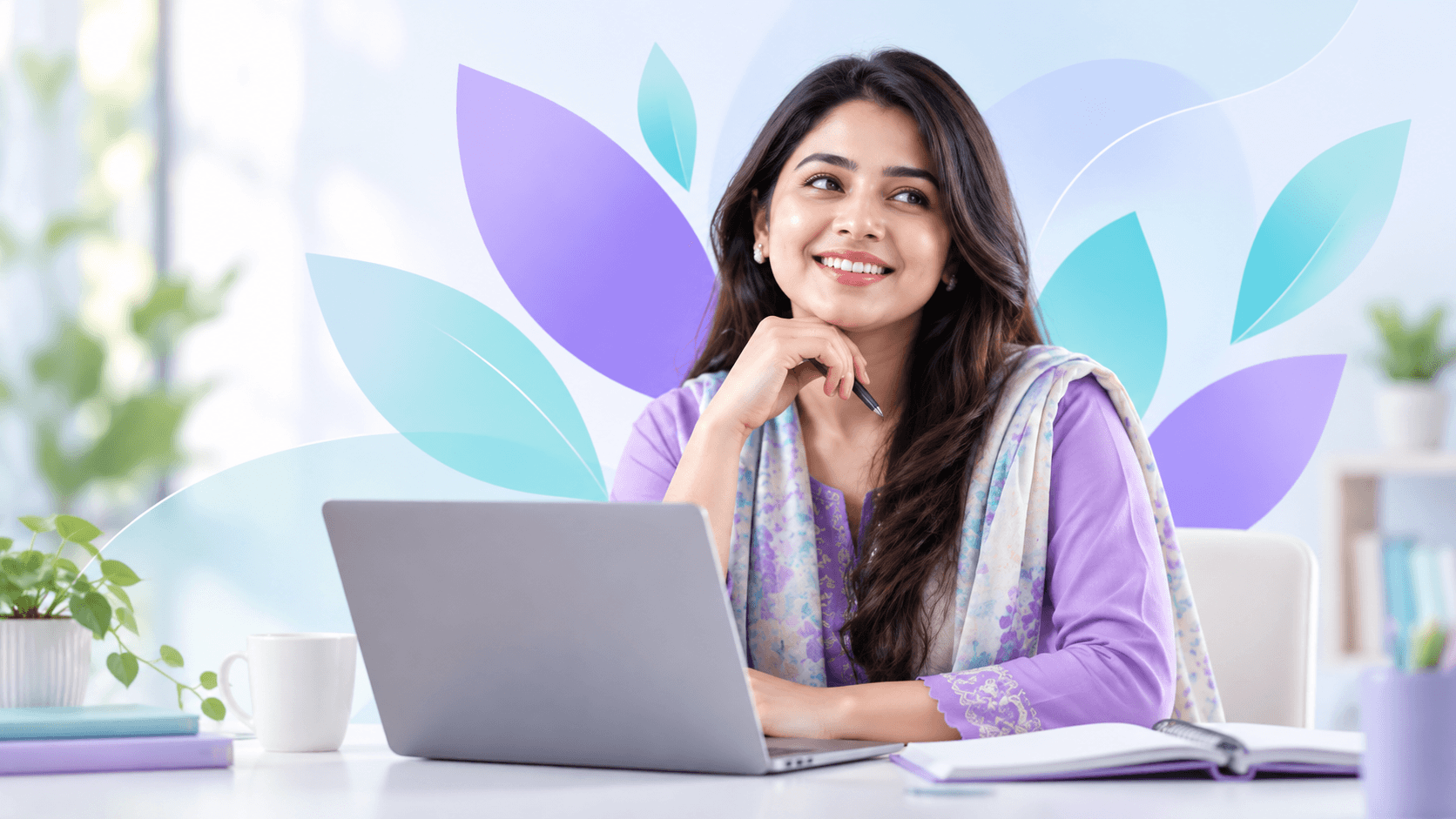 A confident South Asian woman developing new professional skills with a laptop