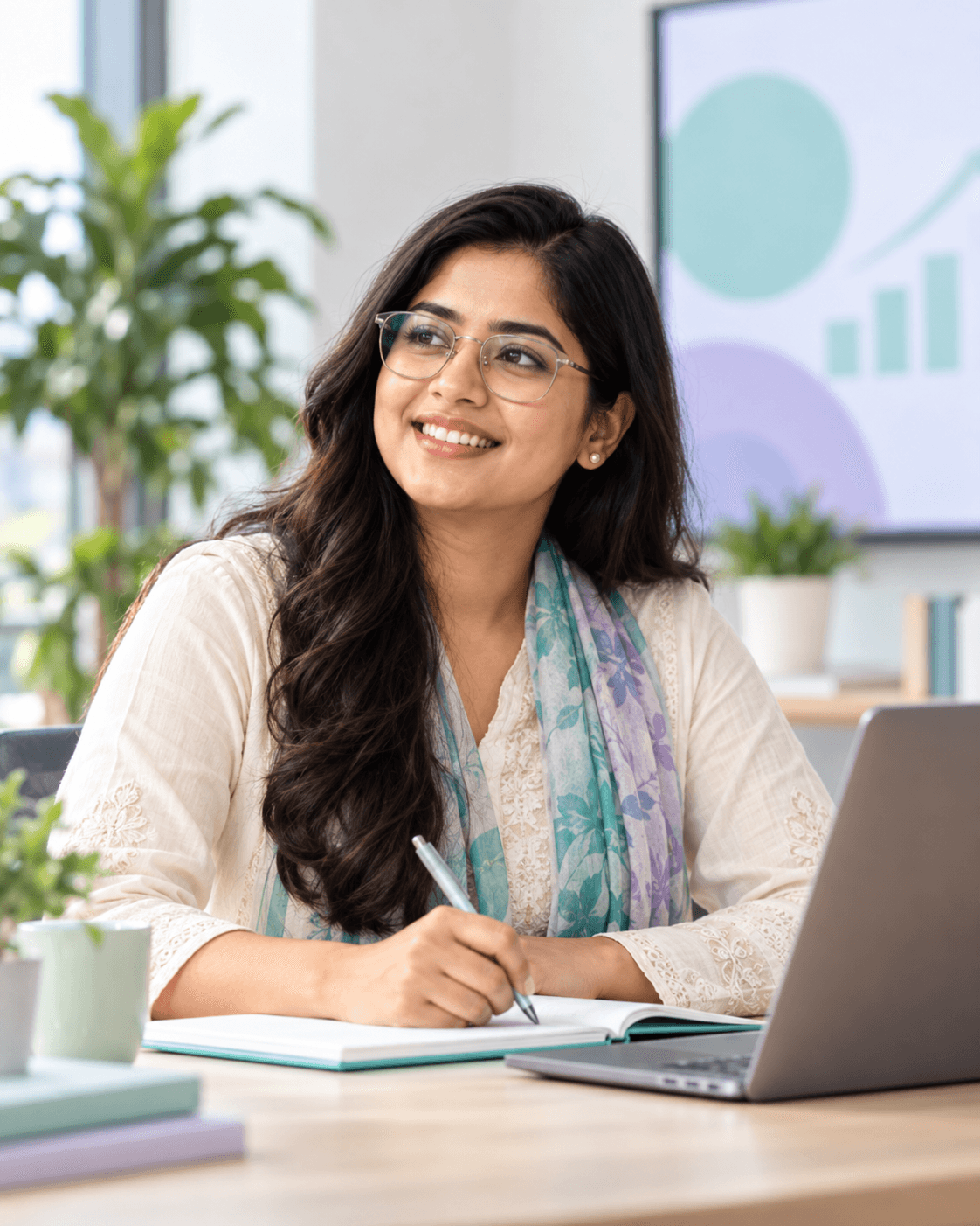Farhana, a South Asian professional learner with glasses, taking notes beside her laptop