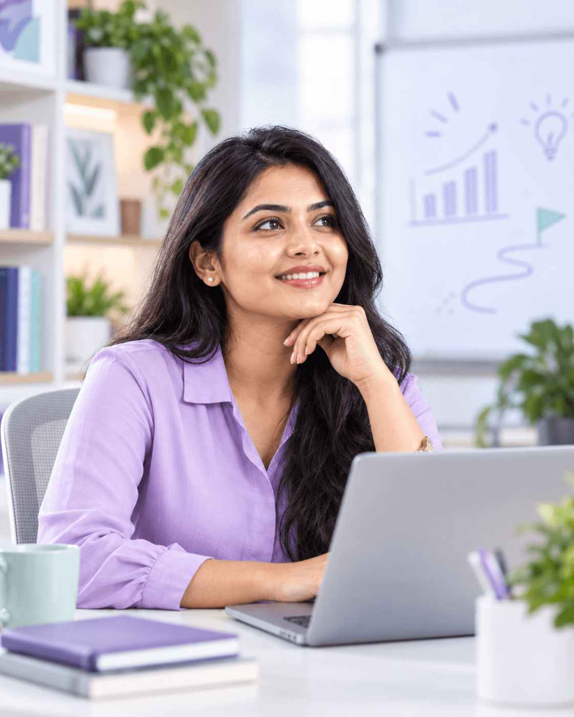 Nusrat, a South Asian professional learner, seated confidently with a laptop in a bright training space